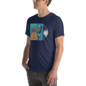 Concert style unisex fit tee in navy blue; featuring an American Robin. 