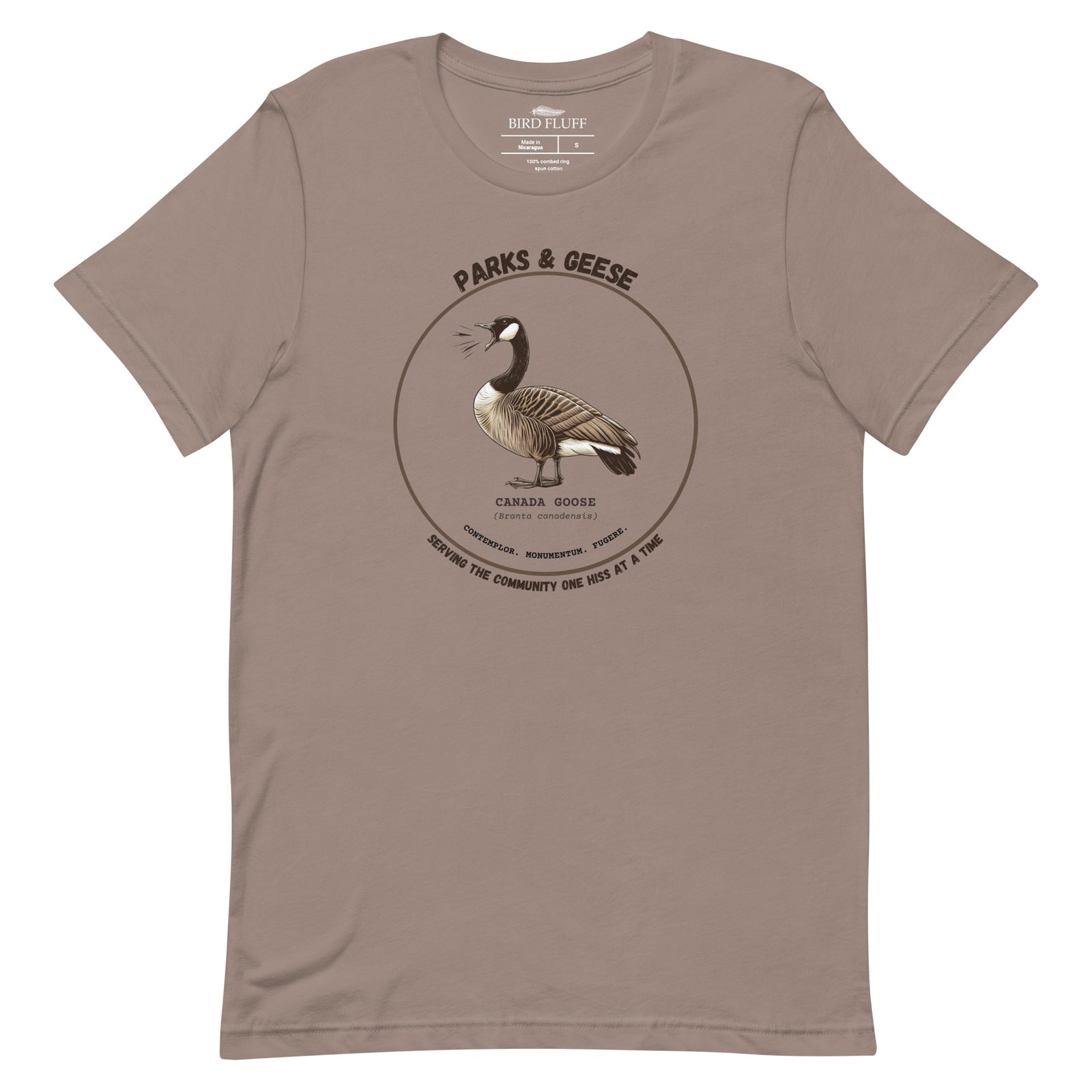 Unisex light tan bird shirt with a canada goose on the front and a park department theme. 