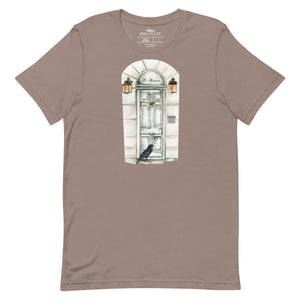 Gray brown t-shirt with a graphic of a door and a Raven.