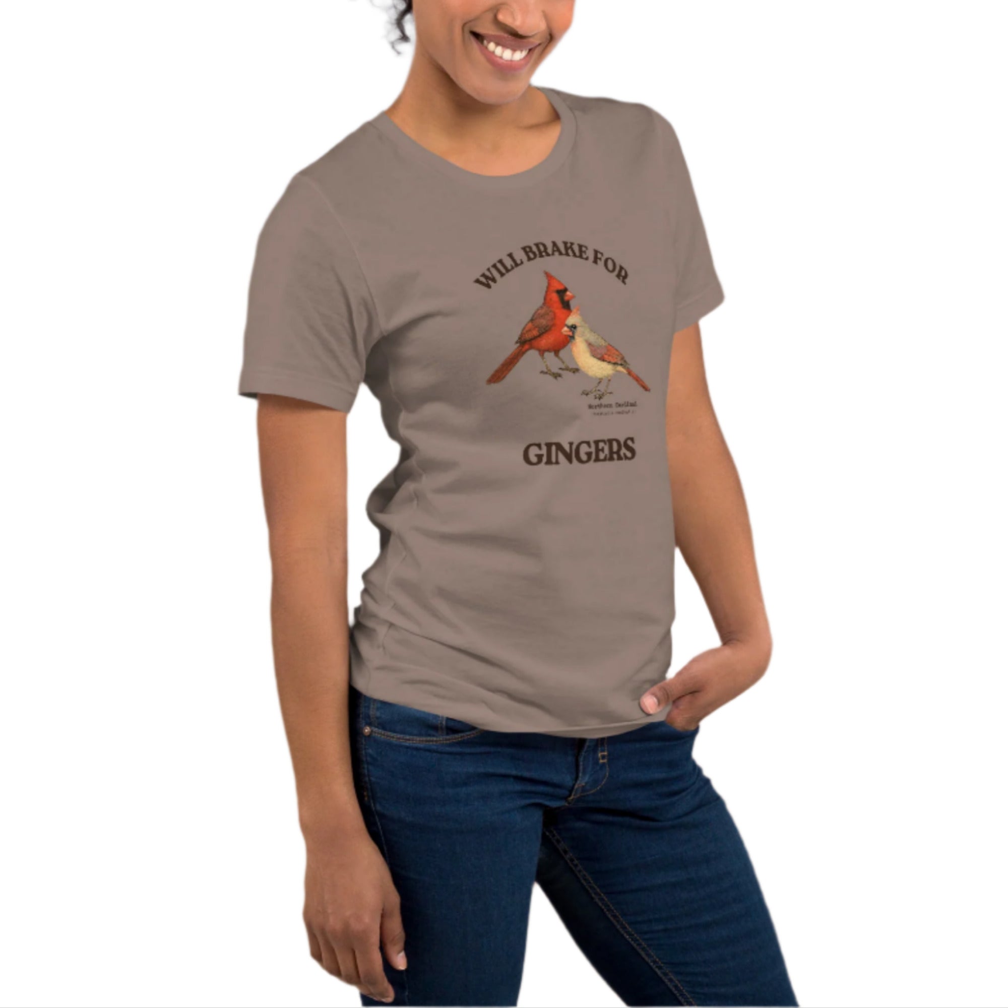 Grey tan bird shirt with a male and female northern cardinal and the words, "Will Brake for Gingers" worn by a woman.