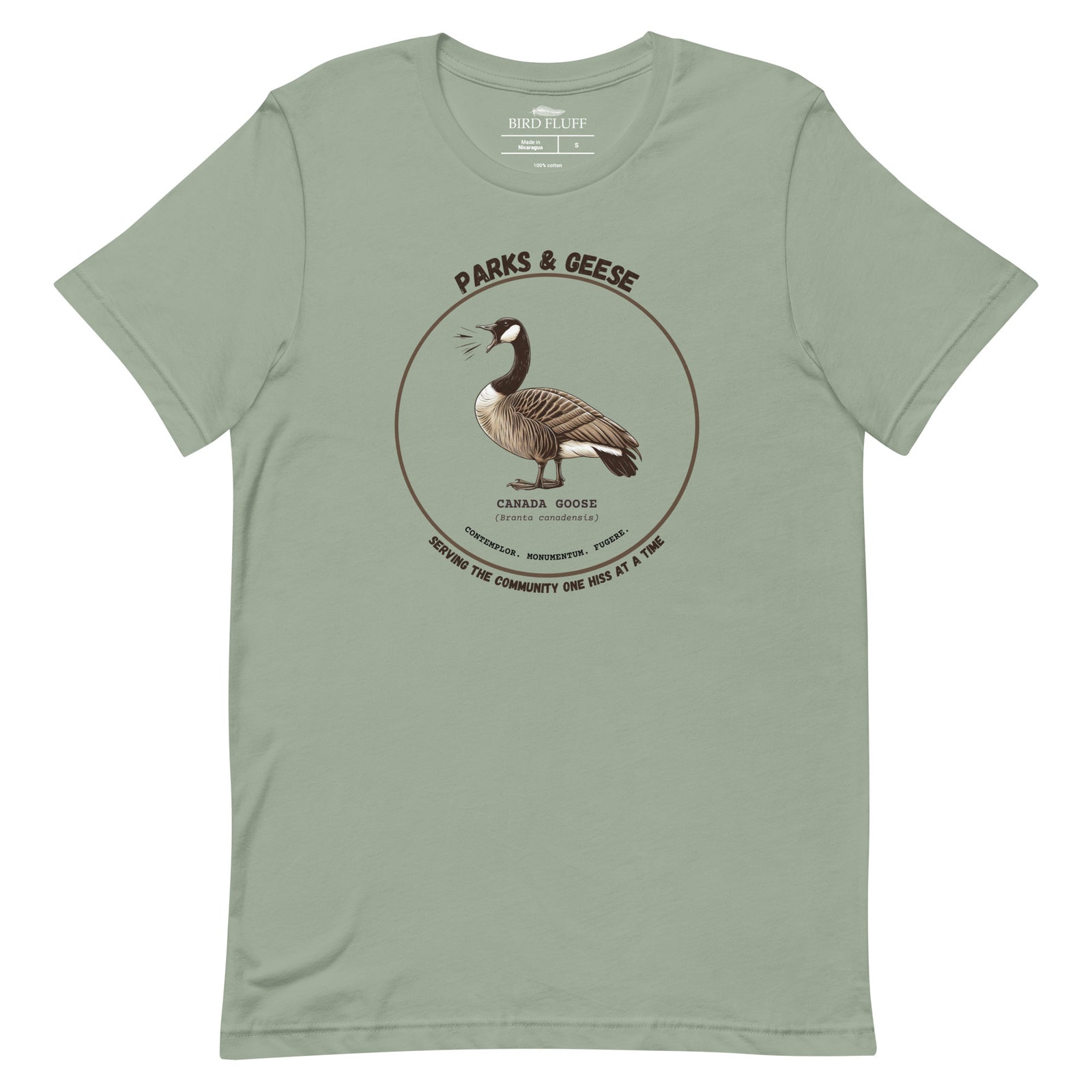 Unisex sage green bird shirt with a canada goose on the front and a park department theme. 
