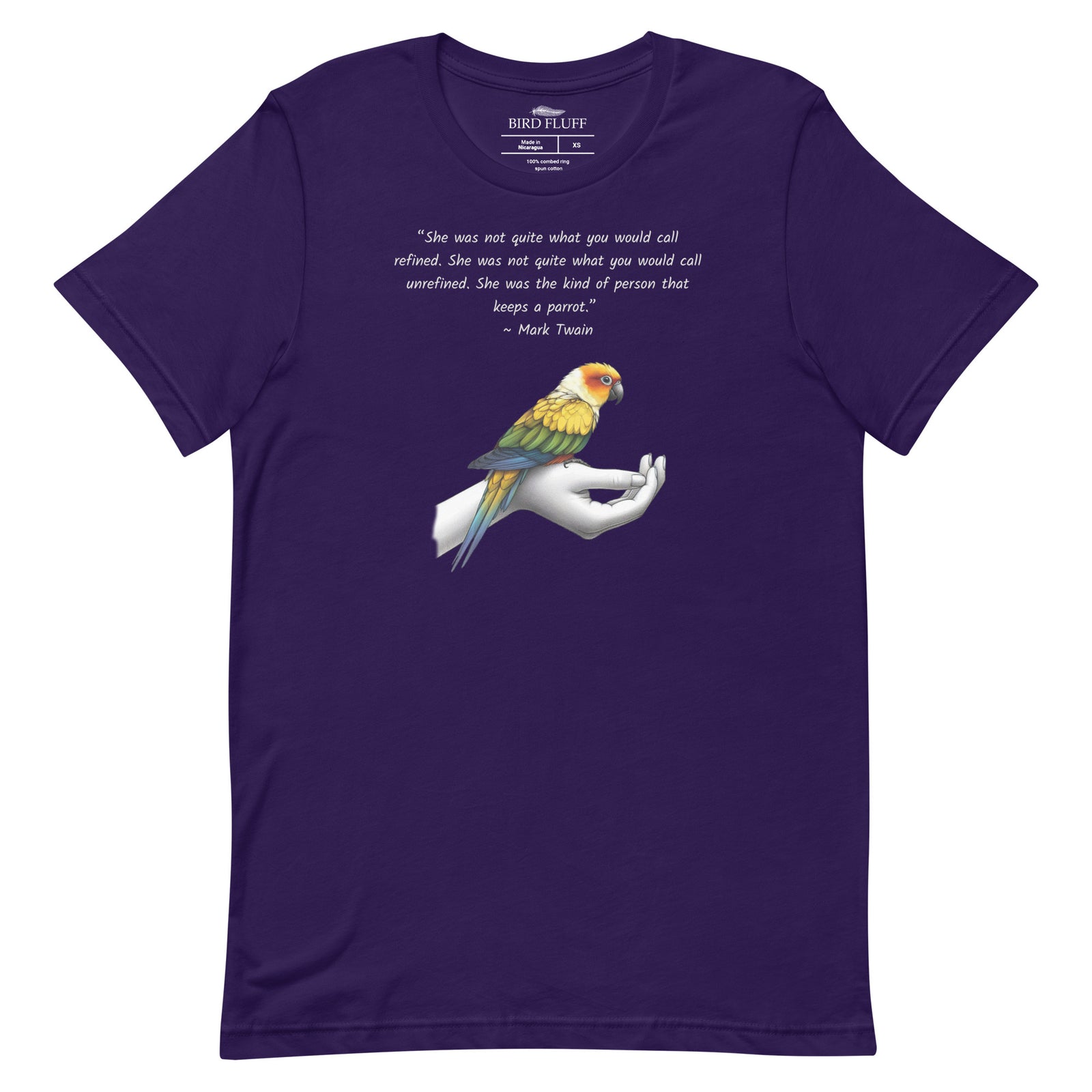 Unisex deep purple  t-shirt with a sun conure on a hand and a Mark Twain quote about a woman who keeps parrots.