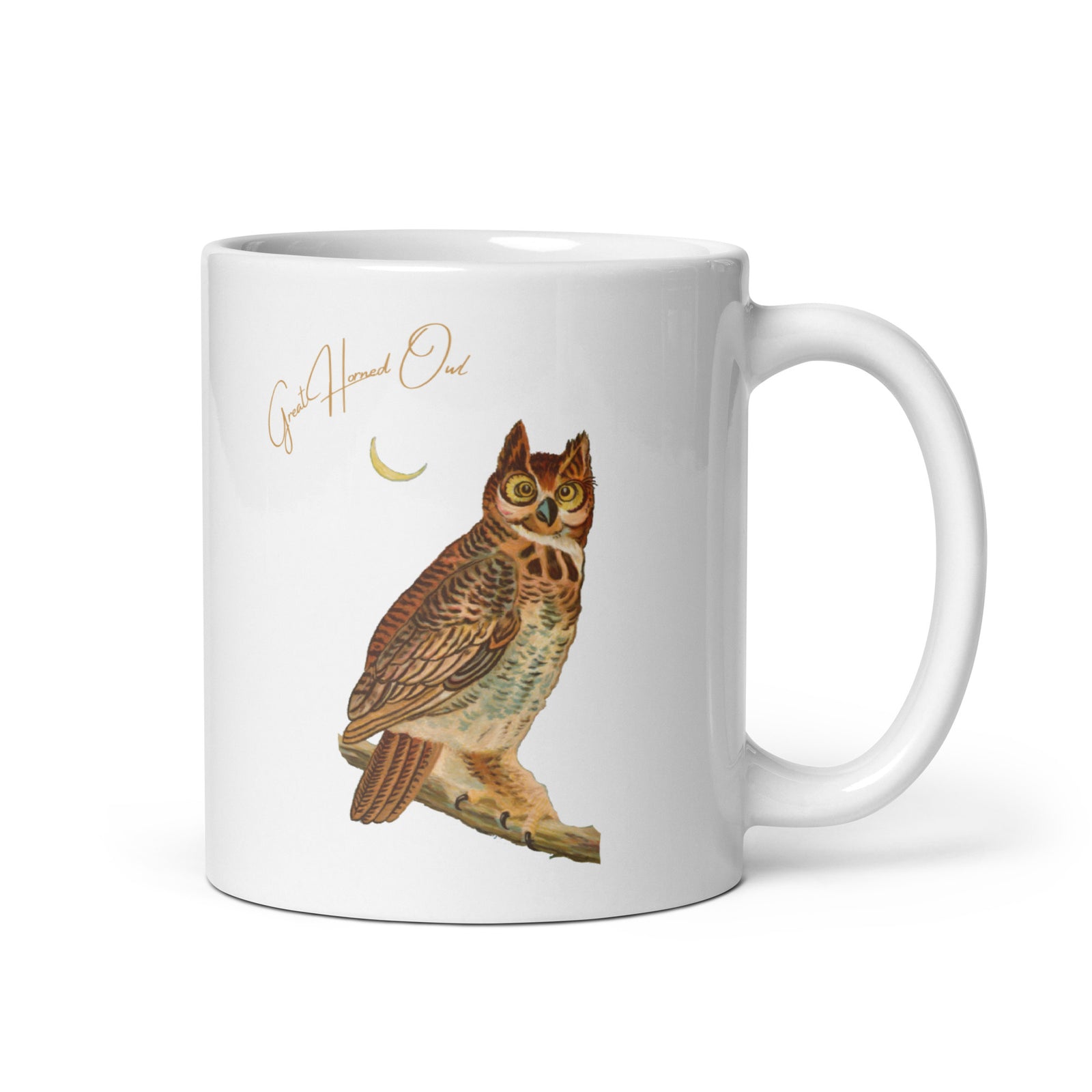 White 20oz mug with a vintage illustration of a Great Horned Owl and the words "Great Horned Owl" next to the bird.