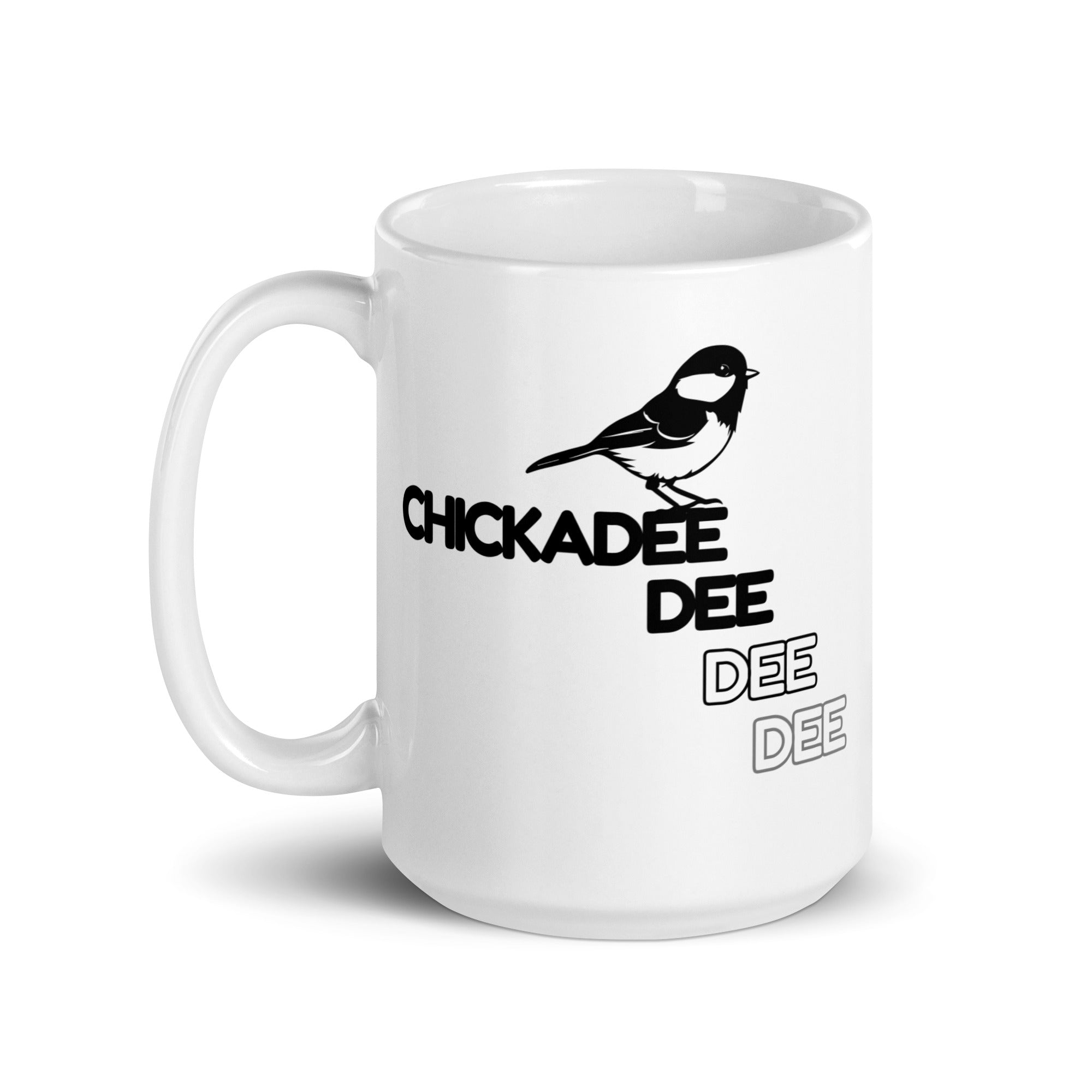 15 oz white Chickadee mug with handle to the left.