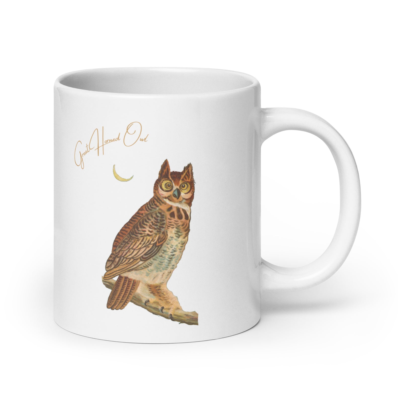 White 20oz mug with a vintage illustration of a Great Horned Owl and the words "Great Horned Owl" next to the bird.