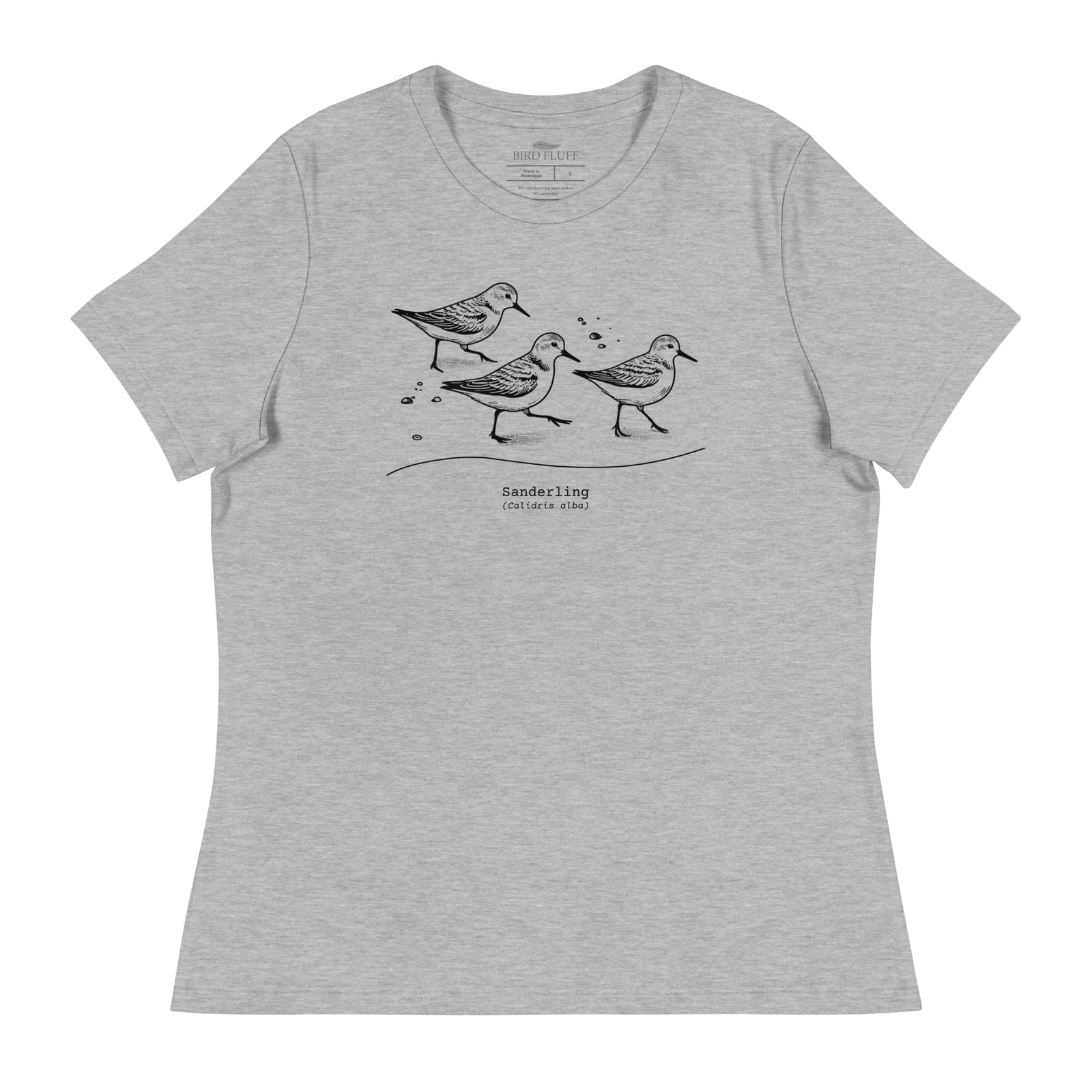Heathered light gray bird shirt featuring an illustration of a three sanderlings on a beach and the common and scientific names for the bird underneath.