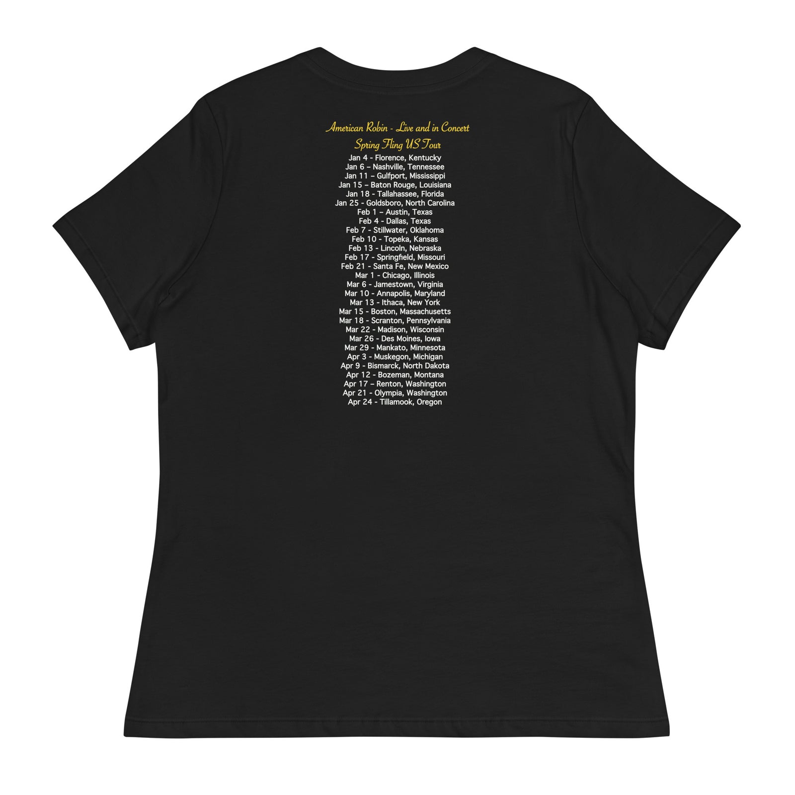 Concert style women's relaxed fit tee in black; featuring an American Robin.