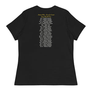 Concert style women's relaxed fit tee in black; featuring an American Robin. View shows back of shirts which has dates and names of towns across America where you might hear an American Robin.