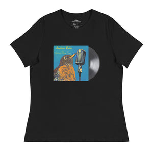 Concert style women's relaxed fit tee in black; featuring an American Robin.
