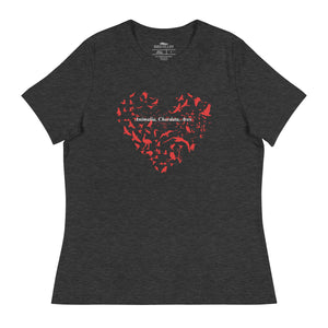 Dark heather gray blue women's bird t-shirt with a bird silhouettes of many different types of birds in red and arranged so they make a heart shape, on top of that the words, "Animalia, Chordata, Aves". 