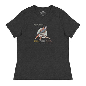 A dark heather gray women's bird shirt with the words, "Small. Fierce. Fluffy" below an illustration of an American Kestrel.