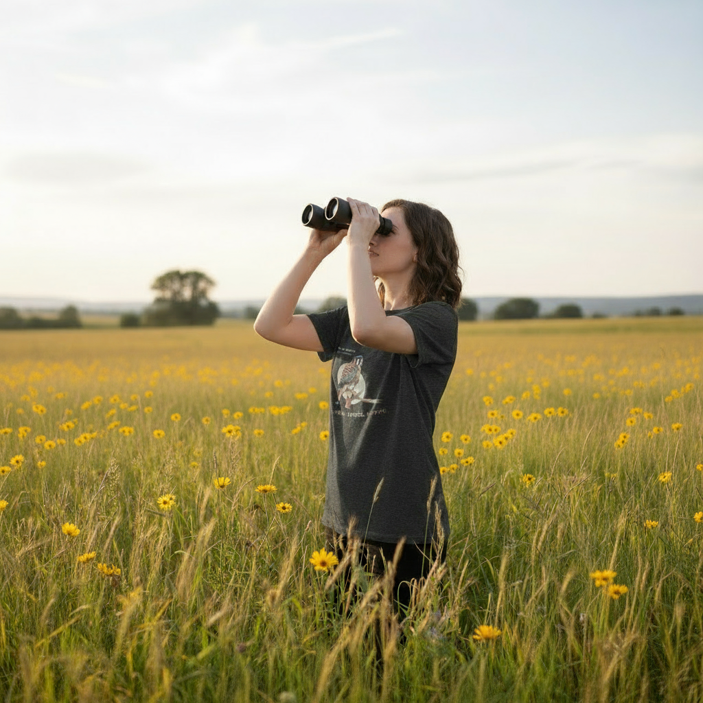 A dark heather gray women's bird shirt with the words, "Small. Fierce. Fluffy" below an illustration of an American Kestrel. Worn by a woman in a field.