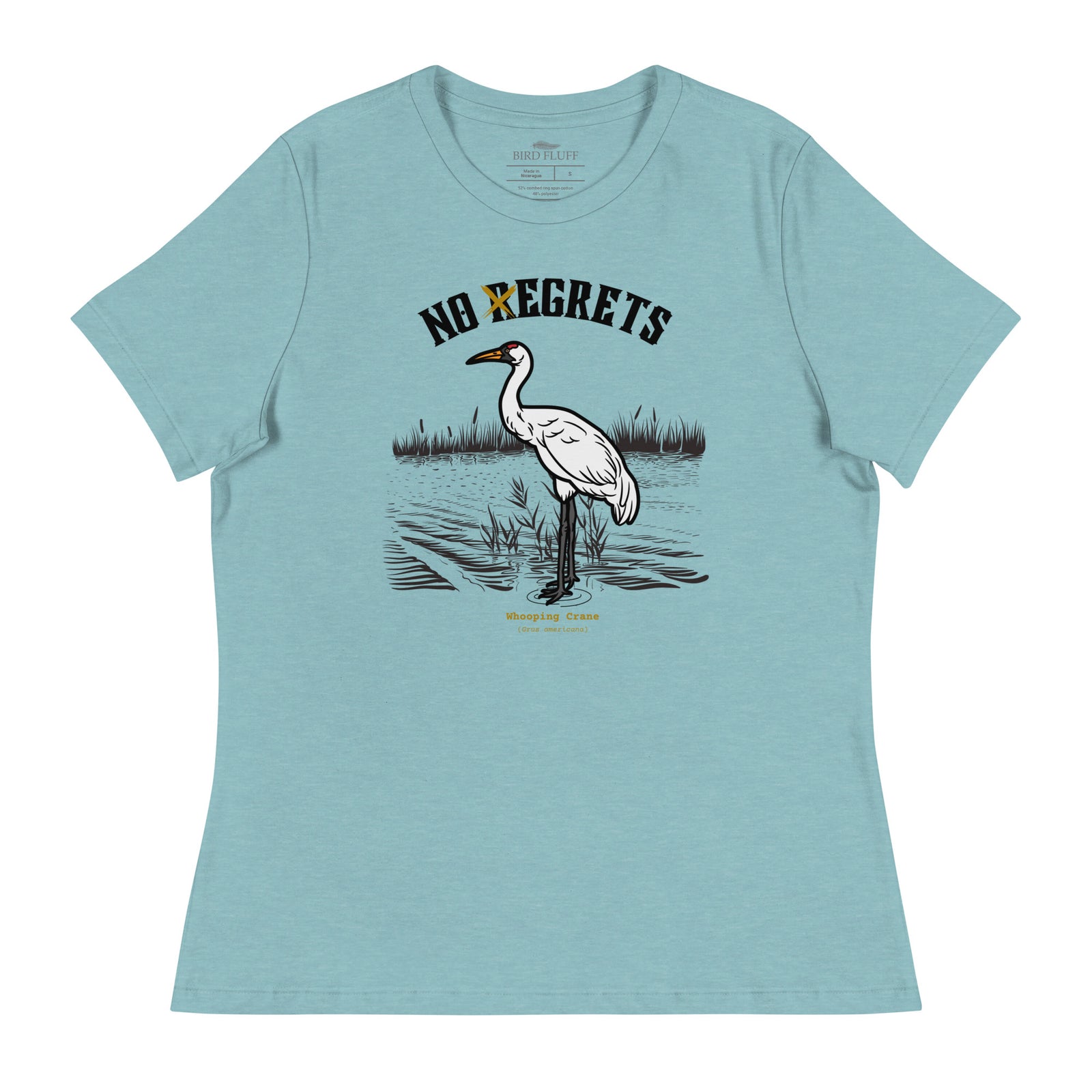 Light heather blue women's  bird shirt featuring a play on the "No Regrets" tattoo that has the "R" crossed out to say "No Egrets" with a Whooping Crane below in a wetland setting.