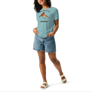 Heather light blue women's relaxed fit bird shirt with a male and female northern cardinal and the words, "Will Brake for Gingers" worn by a woman.