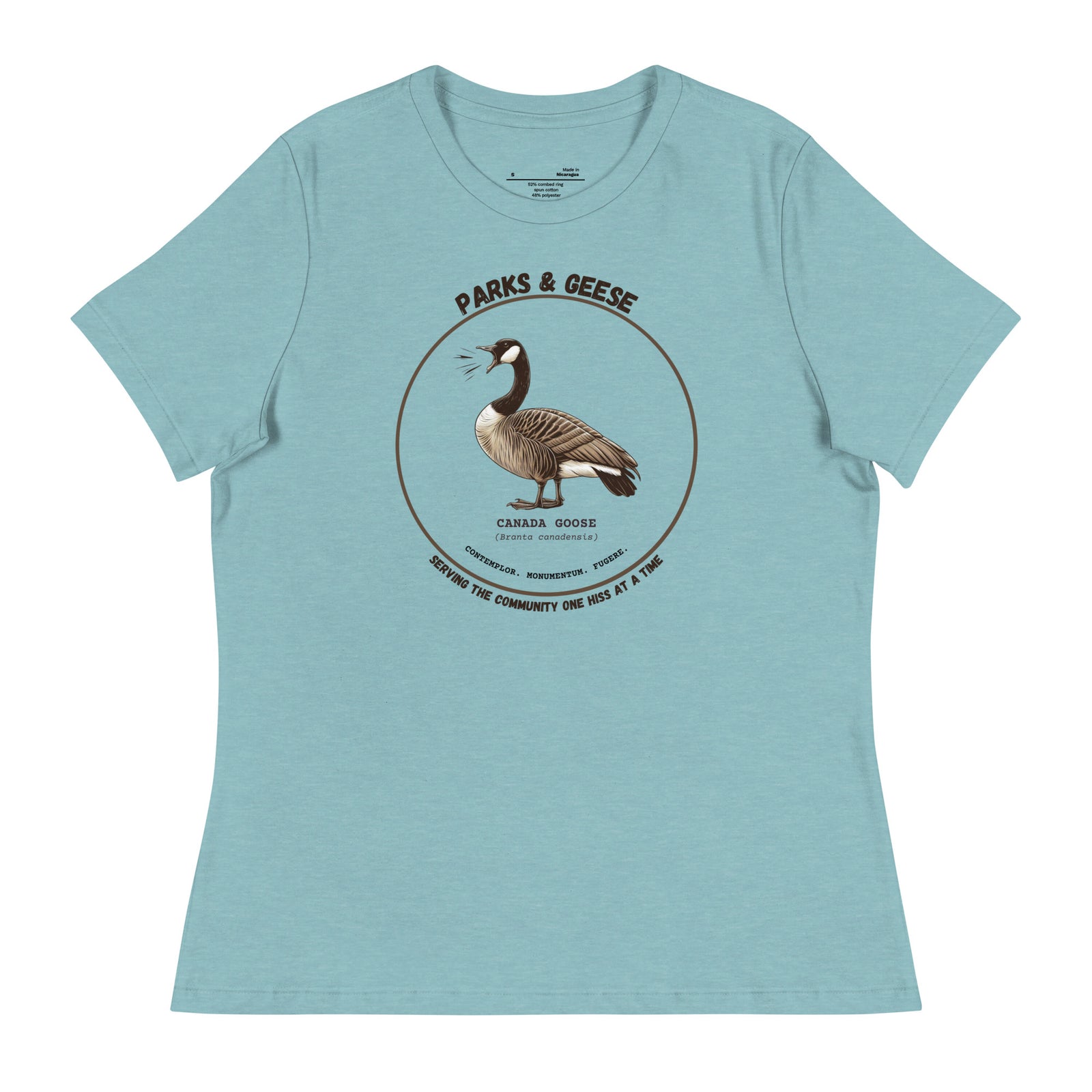 Women's relaxed fit light blue bird shirt with a canada goose on the front and a park department theme. 