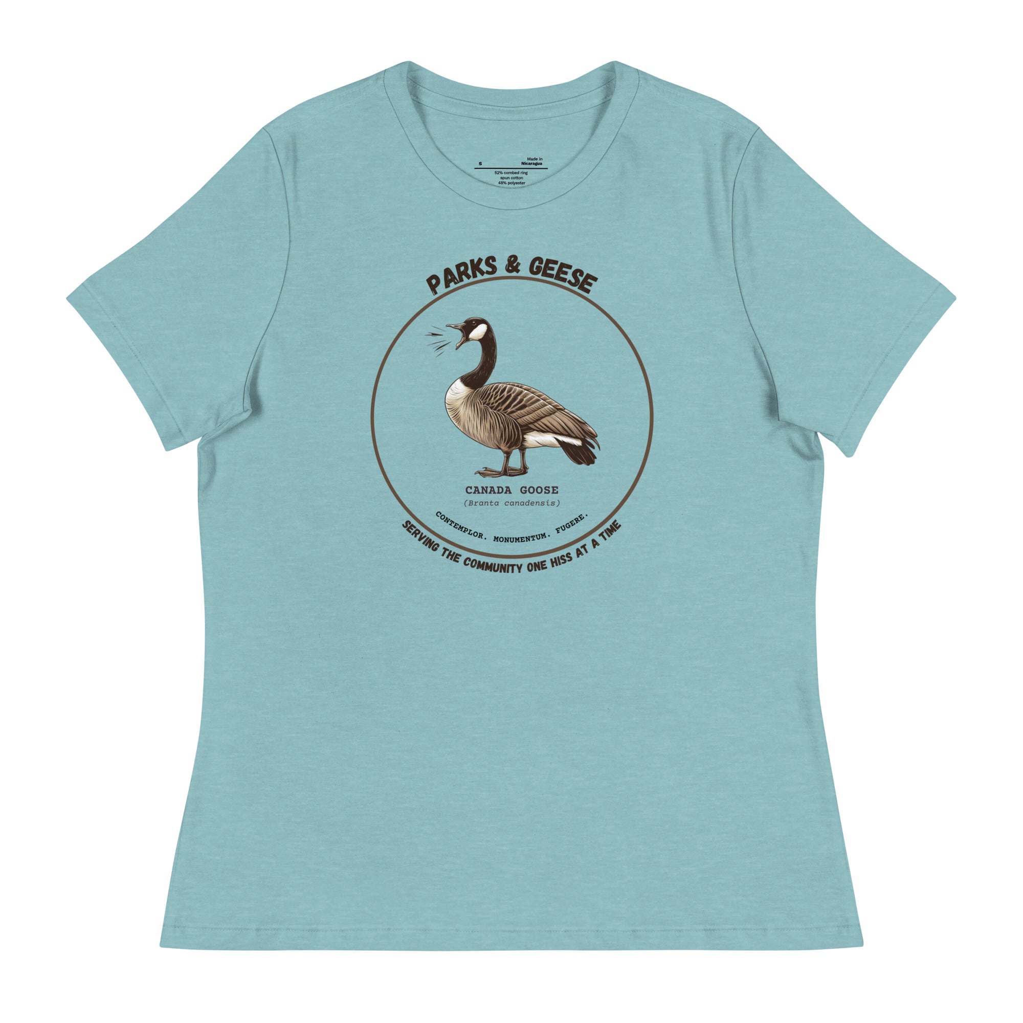 Women's relaxed fit light blue bird shirt with a canada goose on the front and a park department theme. 