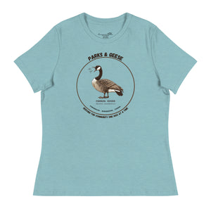 Women's relaxed fit light blue bird shirt with a canada goose on the front and a park department theme. 