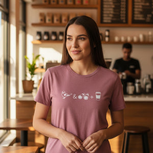 Heather mauve women's bird t-shirt celebrating bird watching and coffee with a graphic of binoculars, a bird, and a travel cup of coffee. Worn by a woman in a coffee shop.