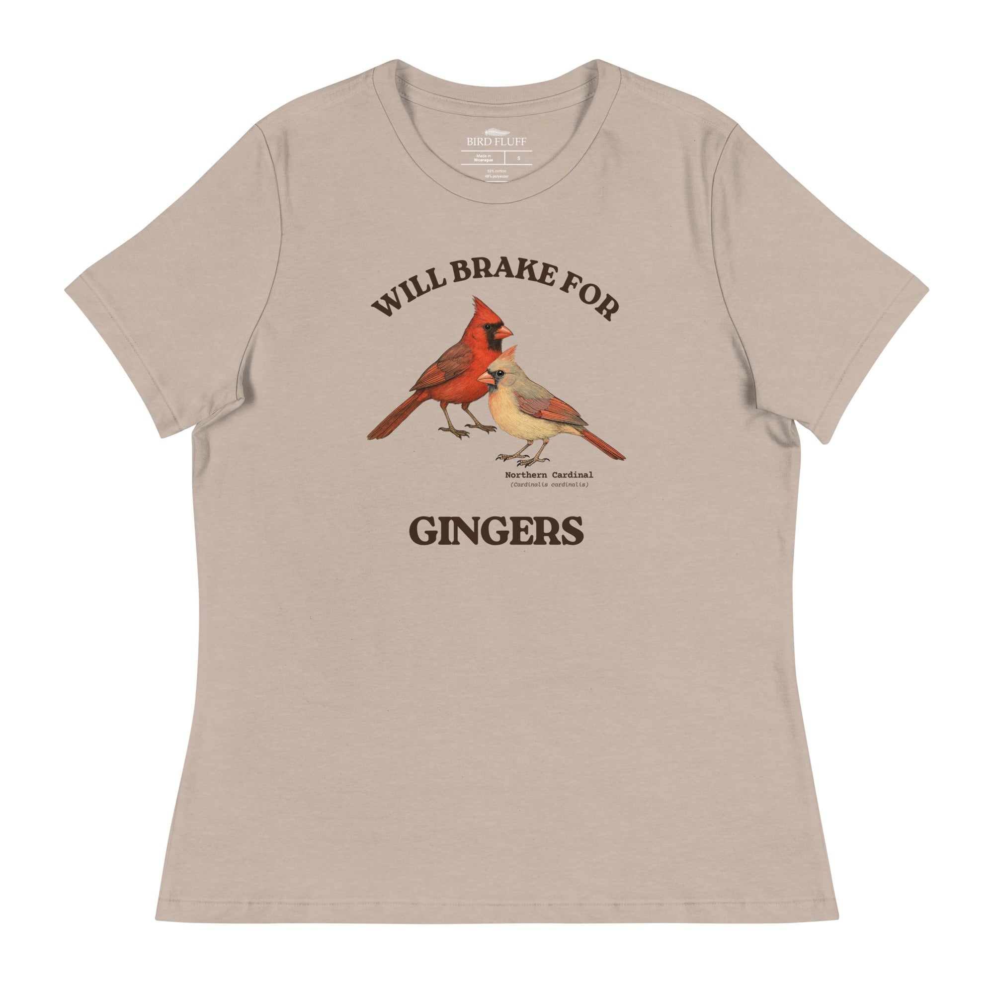 Heather tan women's relaxed fit bird shirt with a male and female northern cardinal and the words, "Will Brake for Gingers" 