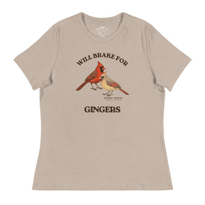 Heather tan women's relaxed fit bird shirt with a male and female northern cardinal and the words, "Will Brake for Gingers" 