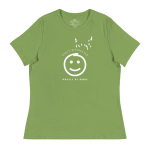 Leaf green women's bird t-shirt with a smiley face looking up and to the side at a flock of birds surrounded by the words, "Easily Distracted" above and, "Mostly by Birds" below.