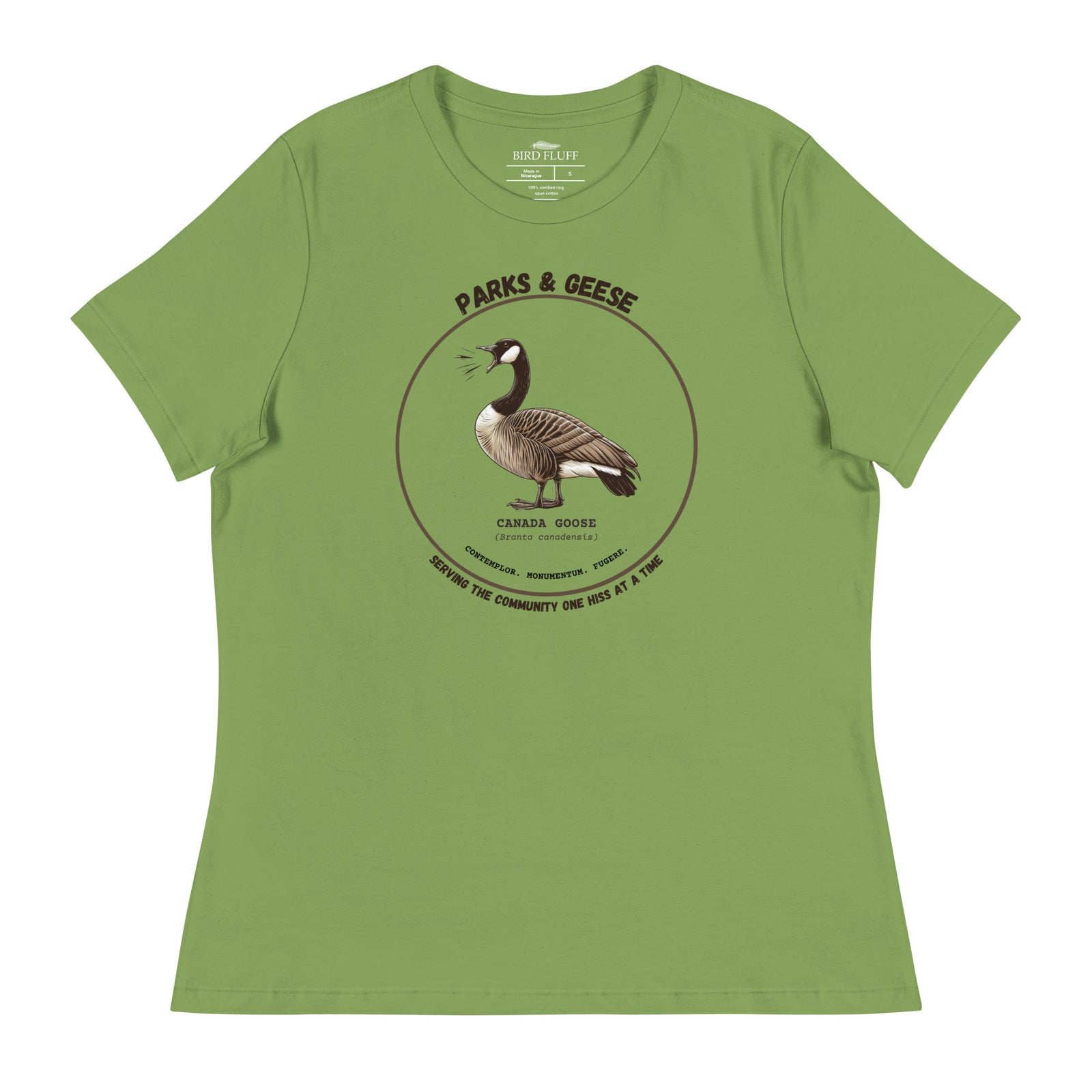 Women's relaxed fit bright green bird shirt with a canada goose on the front and a park department theme. 