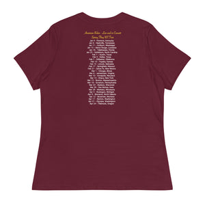 Concert style women's relaxed fit tee in maroon; featuring an American Robin. View shows back of shirts which has dates and names of towns across America where you might hear an American Robin.
