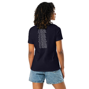 Concert style women's relaxed fit tee in navy blue; featuring an American Robin. View shows back of shirts as worn by a woman, which has dates and names of towns across America where you might hear an American Robin.