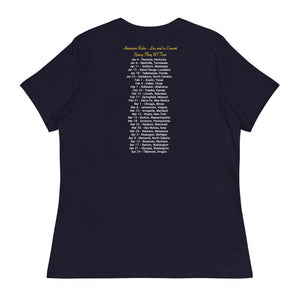Concert style women's relaxed fit tee in navy blue; featuring an American Robin. View shows back of shirts which has dates and names of towns across America where you might hear an American Robin.