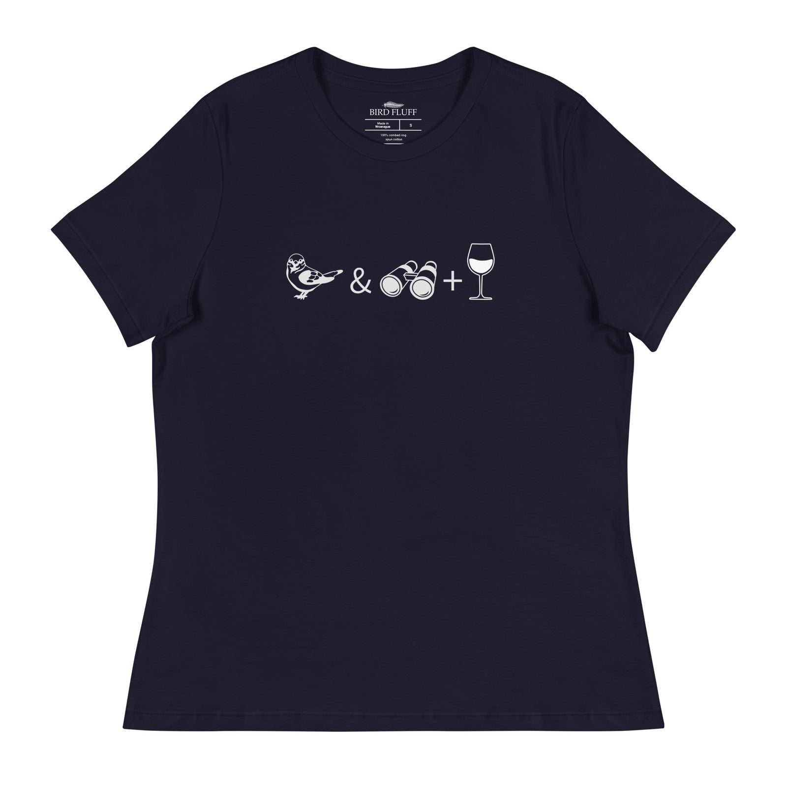Navy blue women's bird t-shirt celebrating bird watching and wine drinking with a graphic of binoculars, a bird, and a glass of wine.