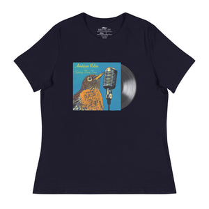 Concert style women's relaxed fit tee in navy blue; featuring an American Robin.