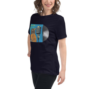 Concert style women's relaxed fit tee in navy blue; featuring an American Robin. View shows back of shirt which has dates and names of towns across America where you might hear an American Robin.