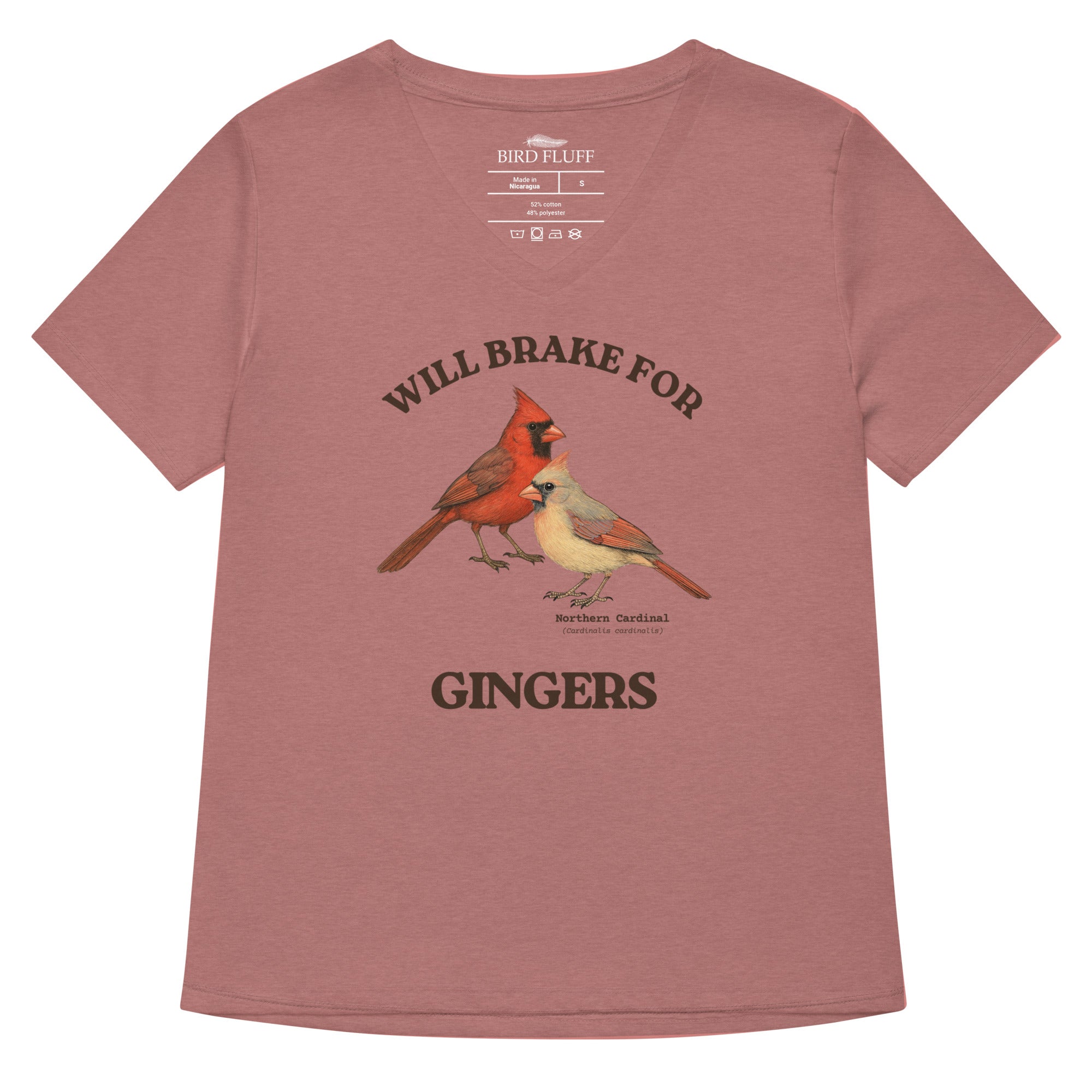 Heather mauve women's relaxed fit v-neck bird shirt with a male and female northern cardinal and the words, "Will Brake for Gingers" 