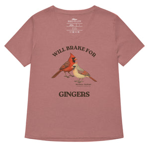 Heather mauve women's relaxed fit v-neck bird shirt with a male and female northern cardinal and the words, "Will Brake for Gingers" 
