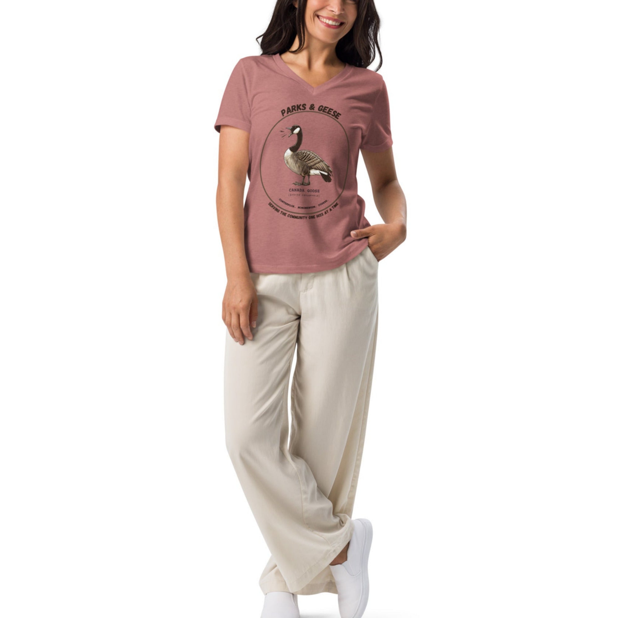 Heather mauve women's relaxed v-neck bird t-shirt with a canada goose on the front and a park department theme. 