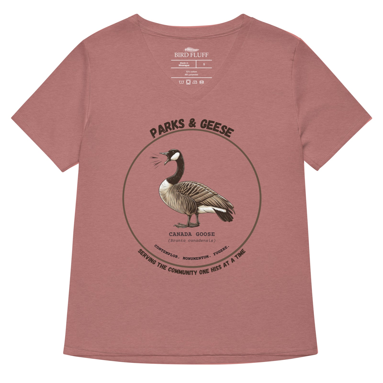 Heather mauve women's relaxed v-neck bird t-shirt with a canada goose on the front and a park department theme. 