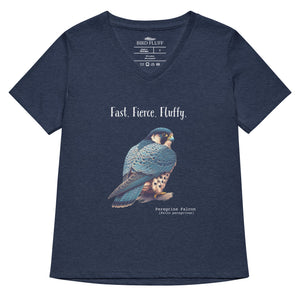 Heather navy women's v-neck bird t-shirt with the words, Fast. Fierce. Fluffy. and a peregrine falcon graphic below.