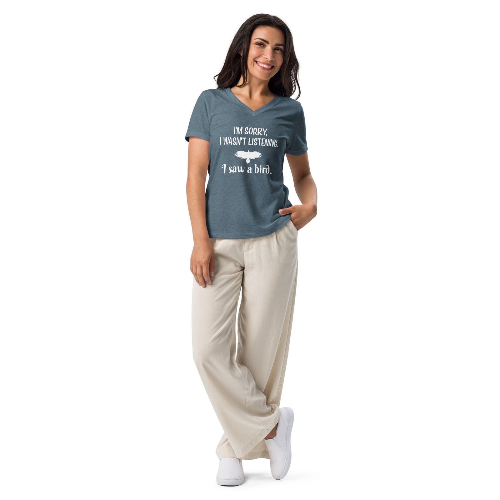I'm Sorry I Wasn't Listening, I Saw a Bird Women’s Relaxed V-neck Bird T-shirt-RtnSale