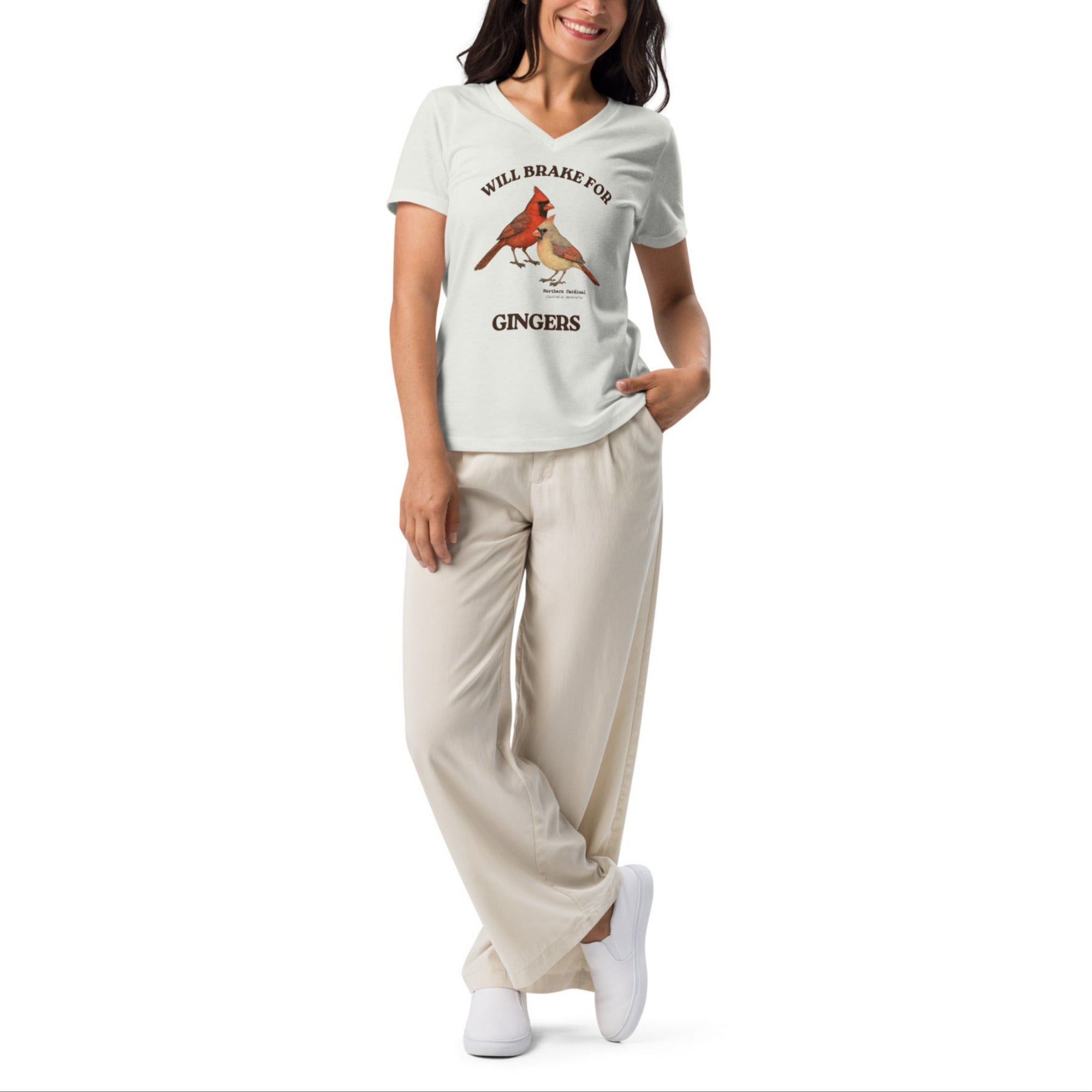 Light silver women's relaxed fit v-neck bird shirt with a male and female northern cardinal and the words, "Will Brake for Gingers" worn by a woman.
