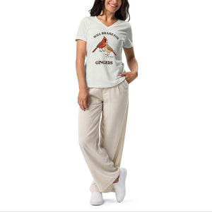 Light silver women's relaxed fit v-neck bird shirt with a male and female northern cardinal and the words, "Will Brake for Gingers" worn by a woman.