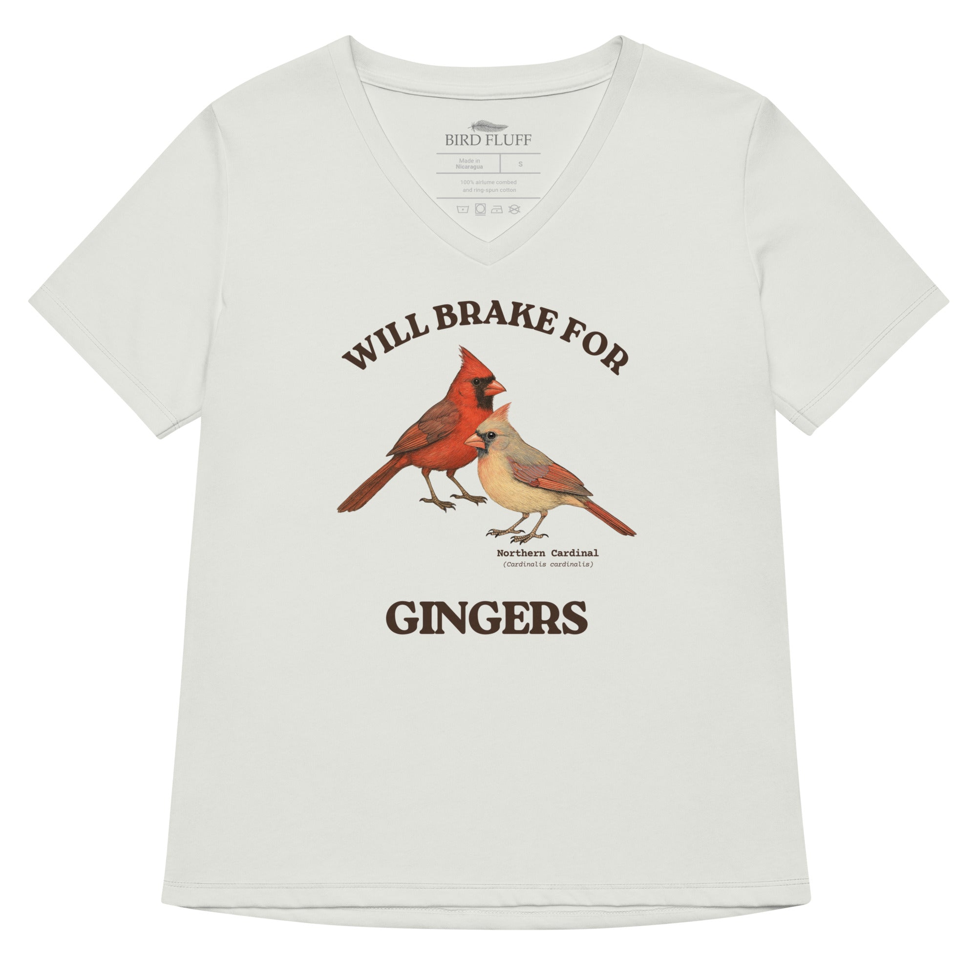 Light silver women's relaxed fit v-neck bird shirt with a male and female northern cardinal and the words, "Will Brake for Gingers" 