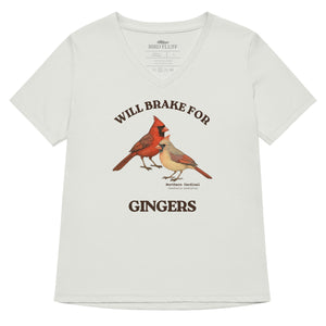 Light silver women's relaxed fit v-neck bird shirt with a male and female northern cardinal and the words, "Will Brake for Gingers" 