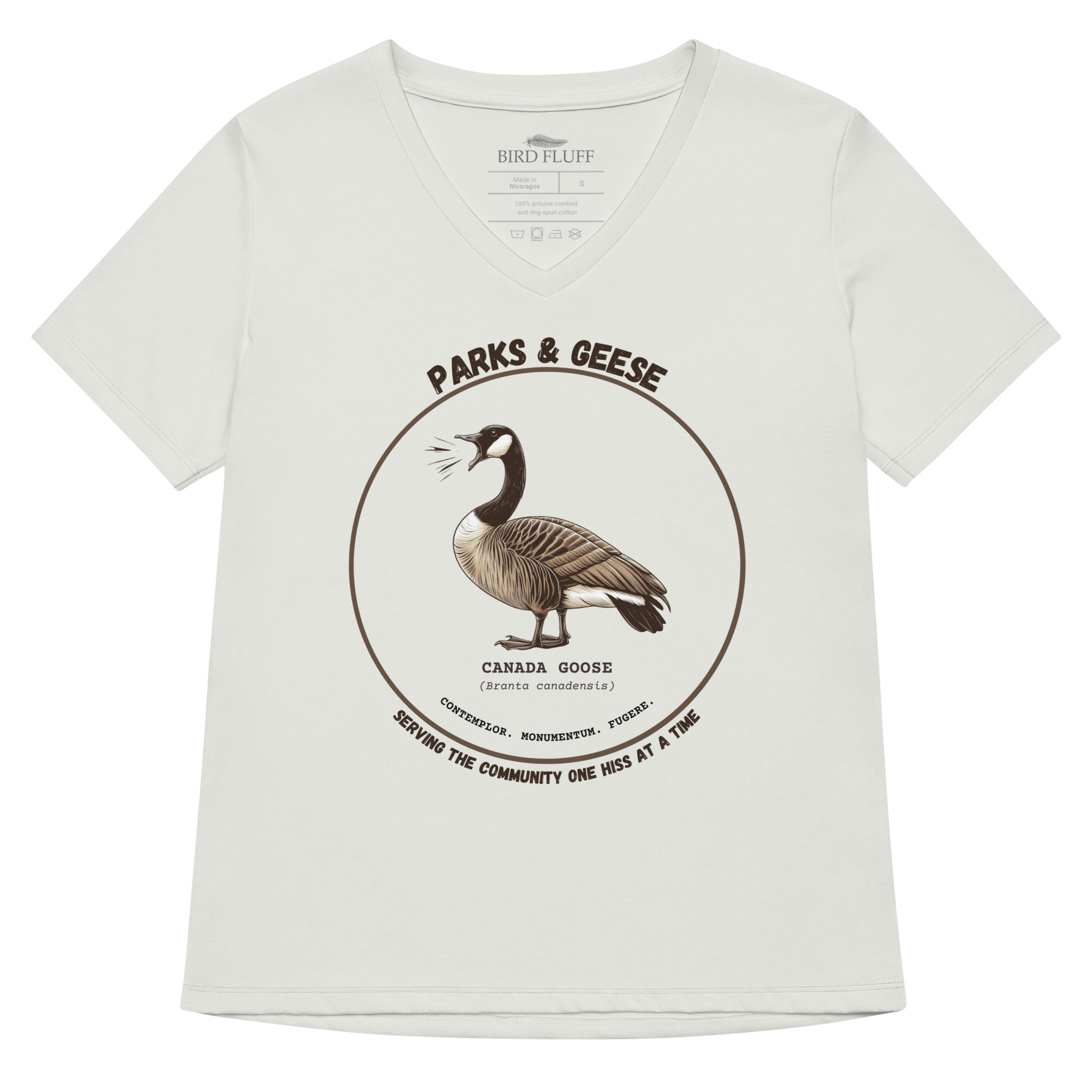 Off-white women's relaxed v-neck bird t-shirt with a canada goose on the front and a park department theme. 