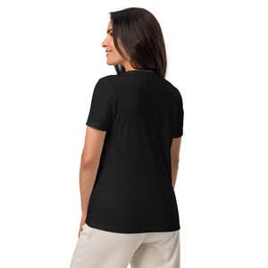Woman wearing a black t-shirt on a white background