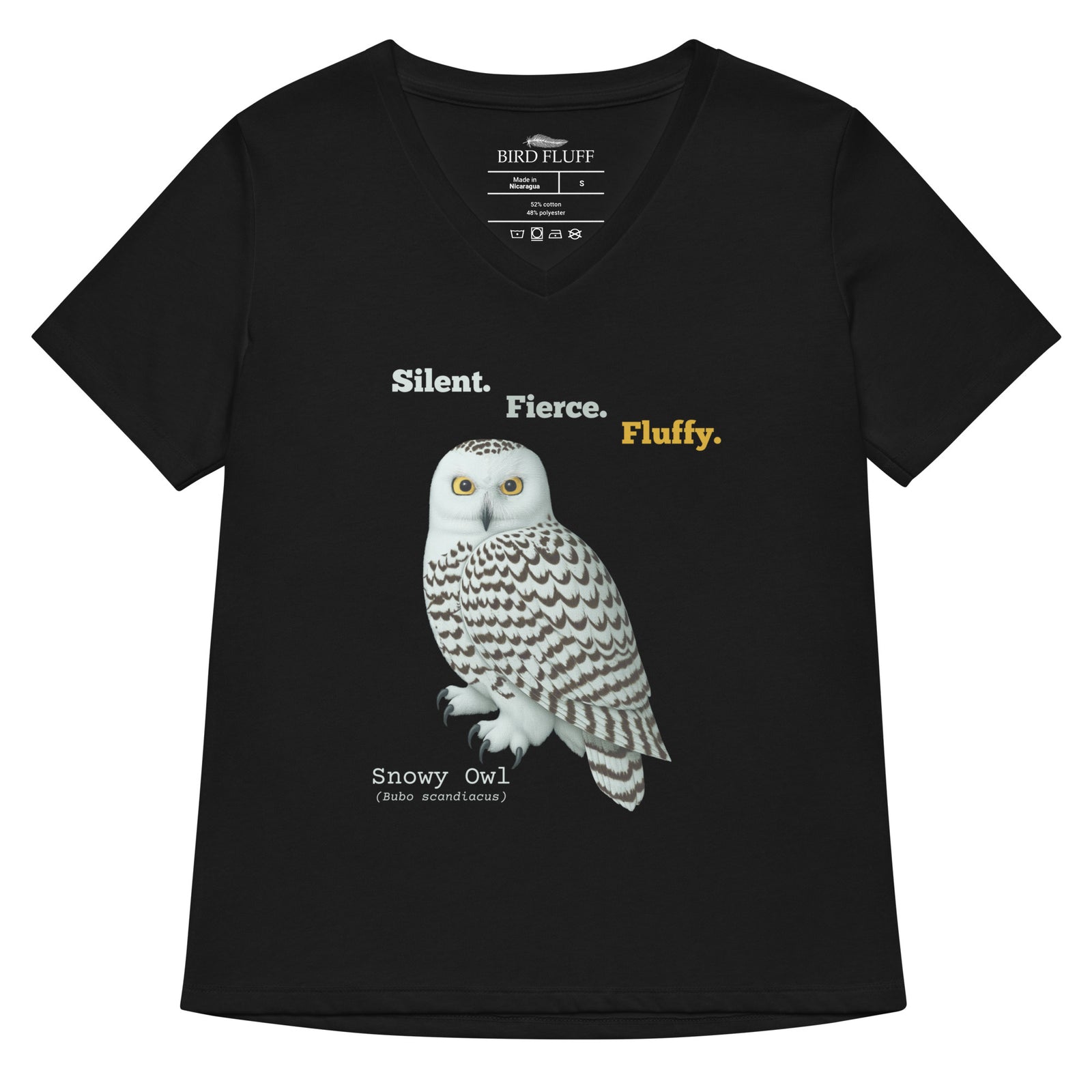 Black t-shirt with a snowy owl graphic and text on a white background
