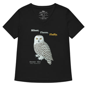 Black t-shirt with a snowy owl graphic and text on a white background