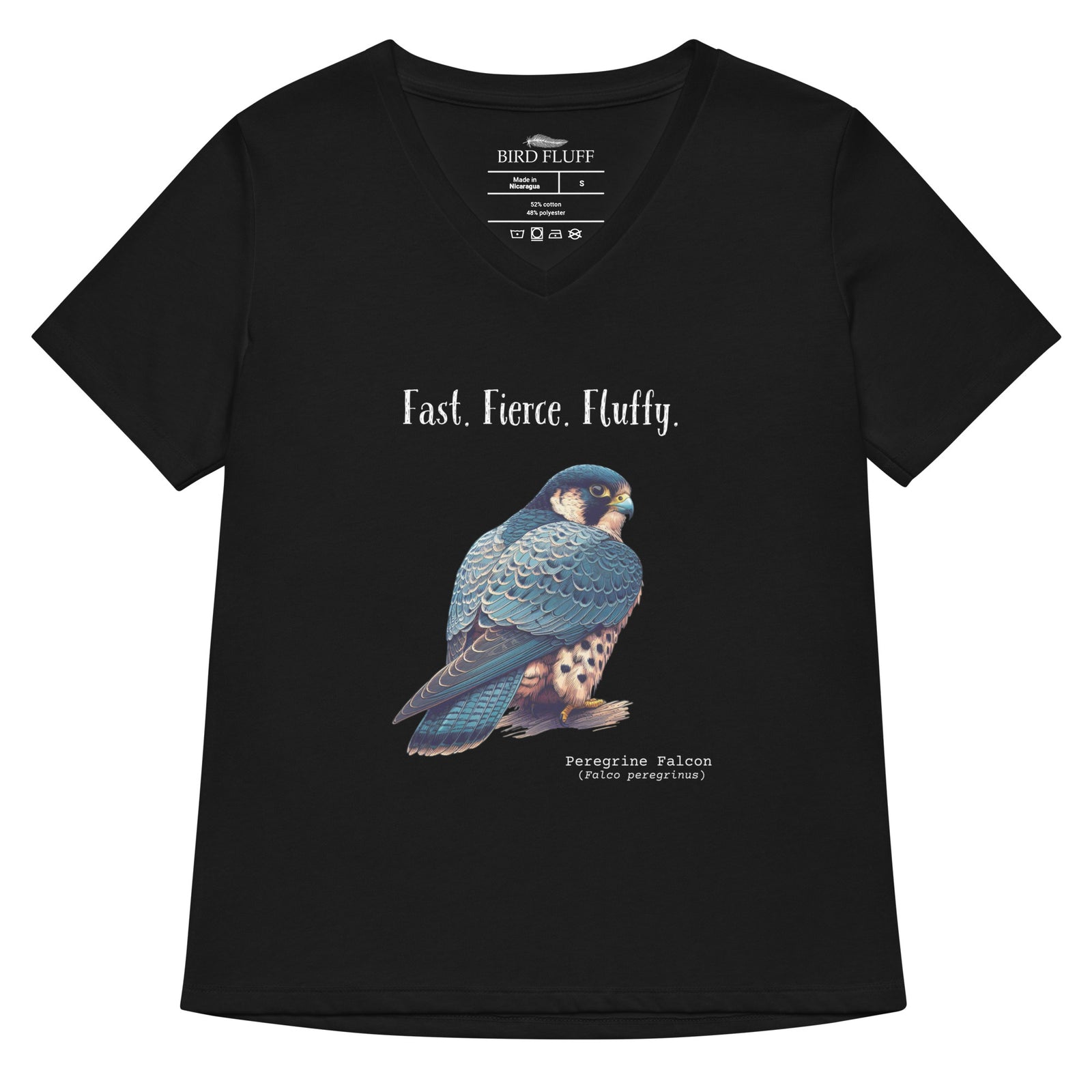 Black women's v-neck bird t-shirt with the words, Fast. Fierce. Fluffy. and a peregrine falcon graphic below.
