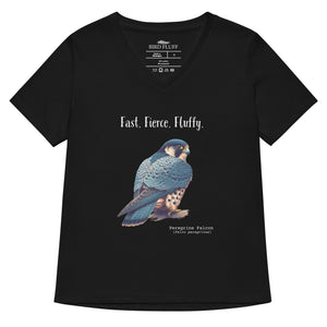 Black women's v-neck bird t-shirt with the words, Fast. Fierce. Fluffy. and a peregrine falcon graphic below.