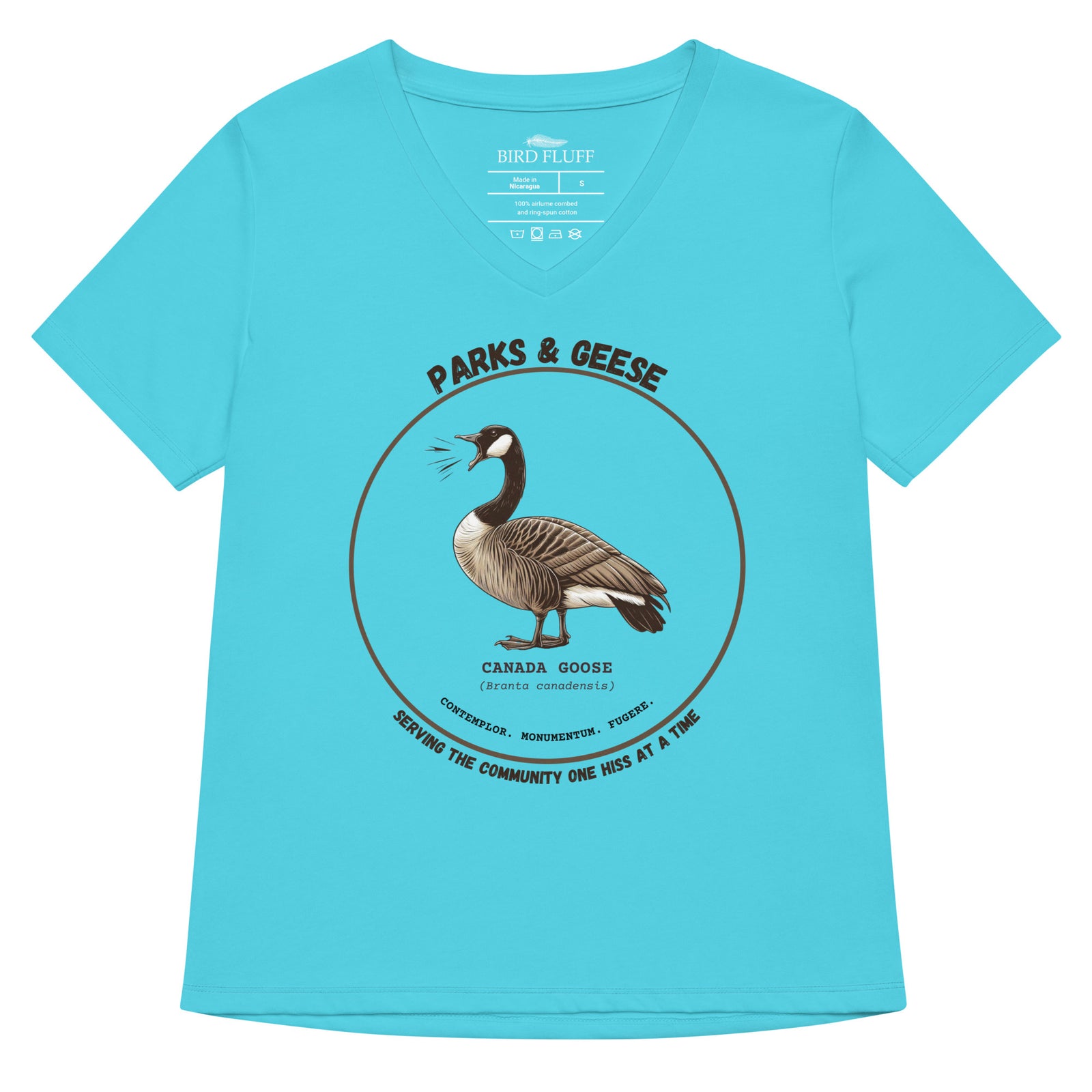 Turquoise women's relaxed v-neck bird t-shirt with a canada goose on the front and a park department theme. 